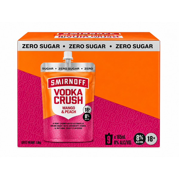 Crush Zero Sugar Mango Peach 165ml Pouch 9 pack